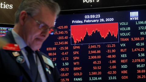 Globalt rasler aktiekurserne ned med en hast, som ikke ser magen til siden finanskrisen i 2008. Investorerne sælger ud af aktier af frygt for, at udbruddet af et  nyt coronavirus vil svække den økonomiske aktivitet. (Foto: Brendan Mcdermid/Reuters/Ritzau Scanpix)