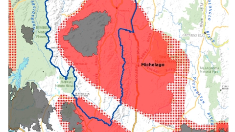 De lokale brandmyndigheder i den australske hovedstad, Canberra, har lørdag udsendt dette kort med en vurdering af, hvor voldsomt to brande nær hovedstaden kan sprede sig grundet lørdagens tørre, varme og blæsende vejrforhold.