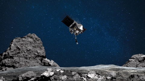 I et område på størrelse med tre parkeringspladser skulle Nasa-sonden "Osiris-Rex" navigere 330 millioner kilometer fra Jorden. Her ses en kunstners illustration af, hvordan det kan have set ud.